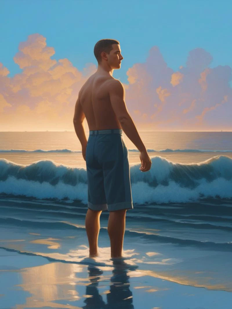 (masterpiece,best quality:1.5), Style of Bo Bartlett,Cleancore (ð),ð, Shia LaBeouf, Proud, -material- trimmings,at Blue hour,Revolting,New Orleans, anime