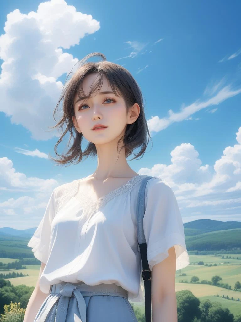 (masterpiece,best quality:1.5),ultra realistic,32k,RAW photo,(high detailed skin:1.2), 8k uhd, dslr, soft lighting, high quality, film grain,rim light ,(ð,ð),ð±,ð³, collarbone, eardrop,(wind),lady,(sexy:1.1),Blue sky, white clouds, view from front ,(Eastern European plateau), summer day, anime