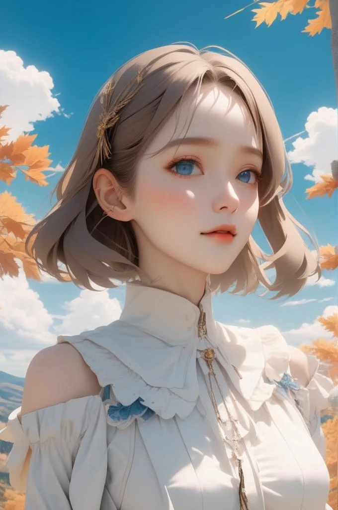 (masterpiece,best quality:1.5),ultra realistic,32k,RAW photo,(high detailed skin:1.2), 8k uhd, dslr, soft lighting, high quality, film grain,Polaroid ,(ðï¸),ðªµ, collarbone, eardrop,(wind),lady,(sexy:1.1),Blue sky, white clouds, view from above ,(Eastern European plateau), autumn day, anime