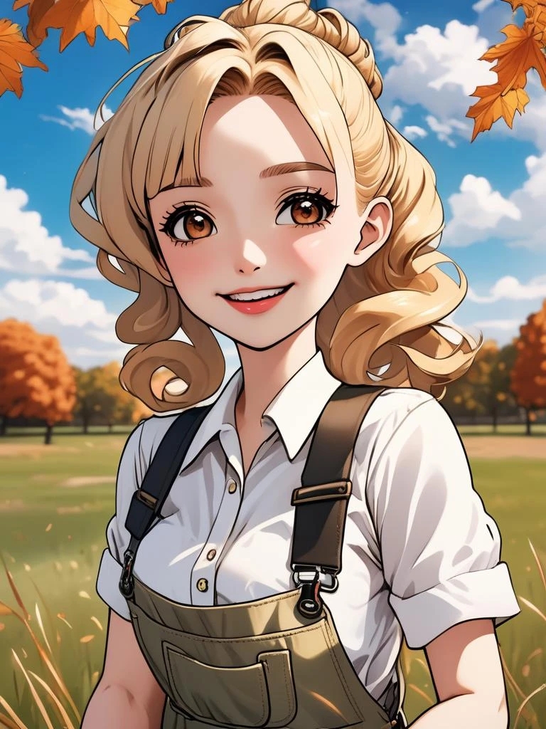 (masterpiece,best quality:1.5),ultra realistic,32k,RAW photo,(high detailed skin:1.2),8k uhd,dslr,soft lighting,high quality,film grain,Polaroid,(wind),lady,(sexy:1.1) wavy double bun,blonde hair,happy,smile,lipstick,blush,(white shirt, overalls),(large breasts, narrow waist),(nice hands, perfect hands),high detail skin,real skin,(park, grass, cloud background, beatiful sky, autumn day),anime,<lora:outline_xl_end:2>,