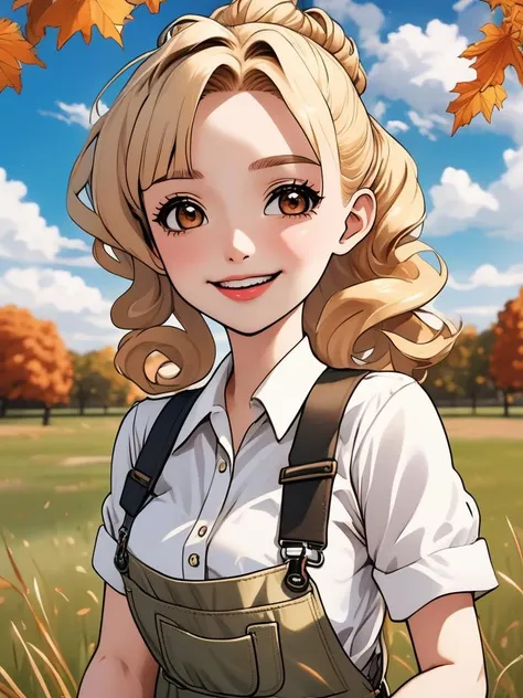 (masterpiece,best quality:1.5),ultra realistic,32k,RAW photo,(high detailed skin:1.2),8k uhd,dslr,soft lighting,high quality,film grain,Polaroid,(wind),lady,(sexy:1.1) wavy double bun,blonde hair,happy,smile,lipstick,blush,(white shirt, overalls),(large breasts, narrow waist),(nice hands, perfect hands),high detail skin,real skin,(park, grass, cloud background, beatiful sky, autumn day),anime,<lora:outline_xl_end:2>,