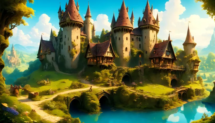 200 year old medieval magical castle, with turrets, outposts, drawbridge, surrounded by canals, otherworldly background, hobbit style, meadow, unrivaled beauty, stylized, intricate, detailed, artistic, text-based, concept art, trending illustration on artstation, 3D cartoon style