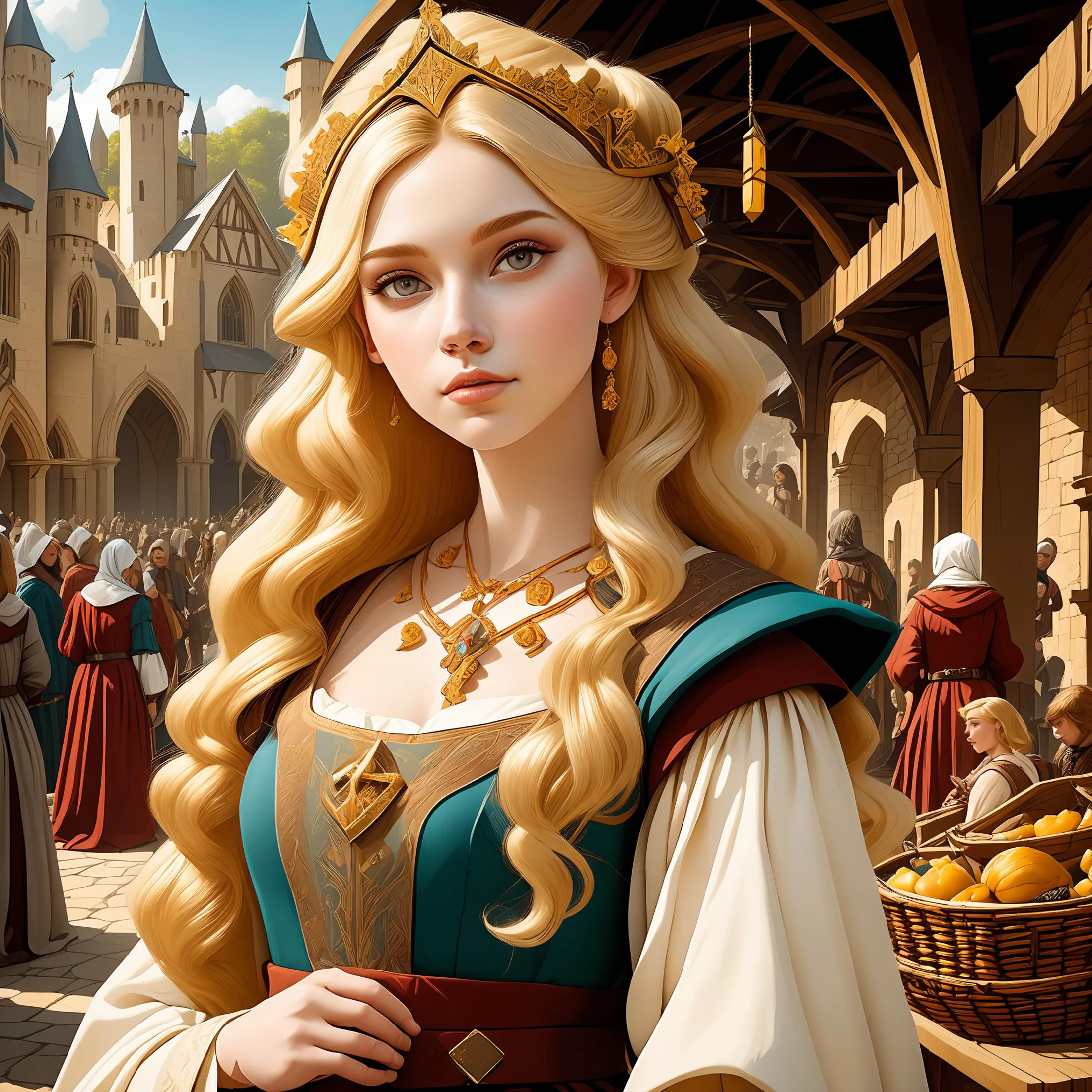 beautiful medieval woman with blonde hair and a cute face wearing a medieval dress at a medieval market