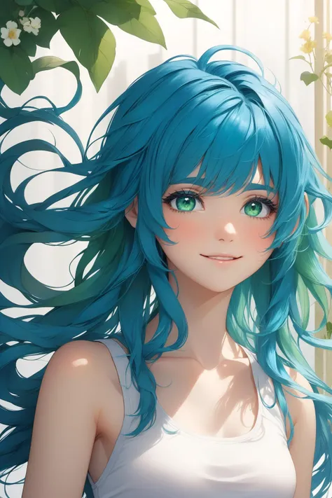 a beautiful blue haired girl, long messy hair, beautiful detailed deep green eyes, cute and beautiful face, shy smile, small breasts, white tank top, upper body view, colorful,
(masterpiece:1.2), (best quality:1.2), ultra-detailed, best shadow, detailed background, high contrast, (best illumination, an extremely delicate and beautiful), ((cinematic light)), hyper detail, dramatic light, intricate details, 8k, very aesthetic,