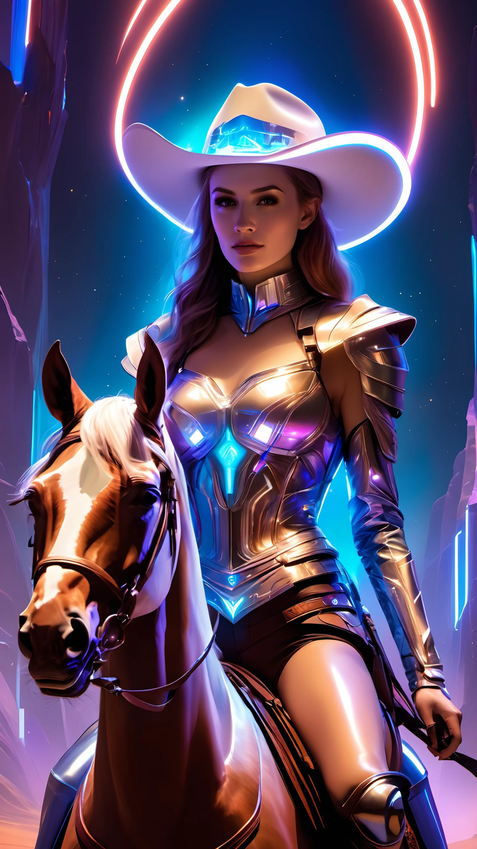 A woman on a horse. A cowgirl. A futuristic visor. A canyon.
<lora:laser_light_clothes_v0.5-pony:1> laser light clothes. score_9, score_8_up, score_7_up, score_6_up.