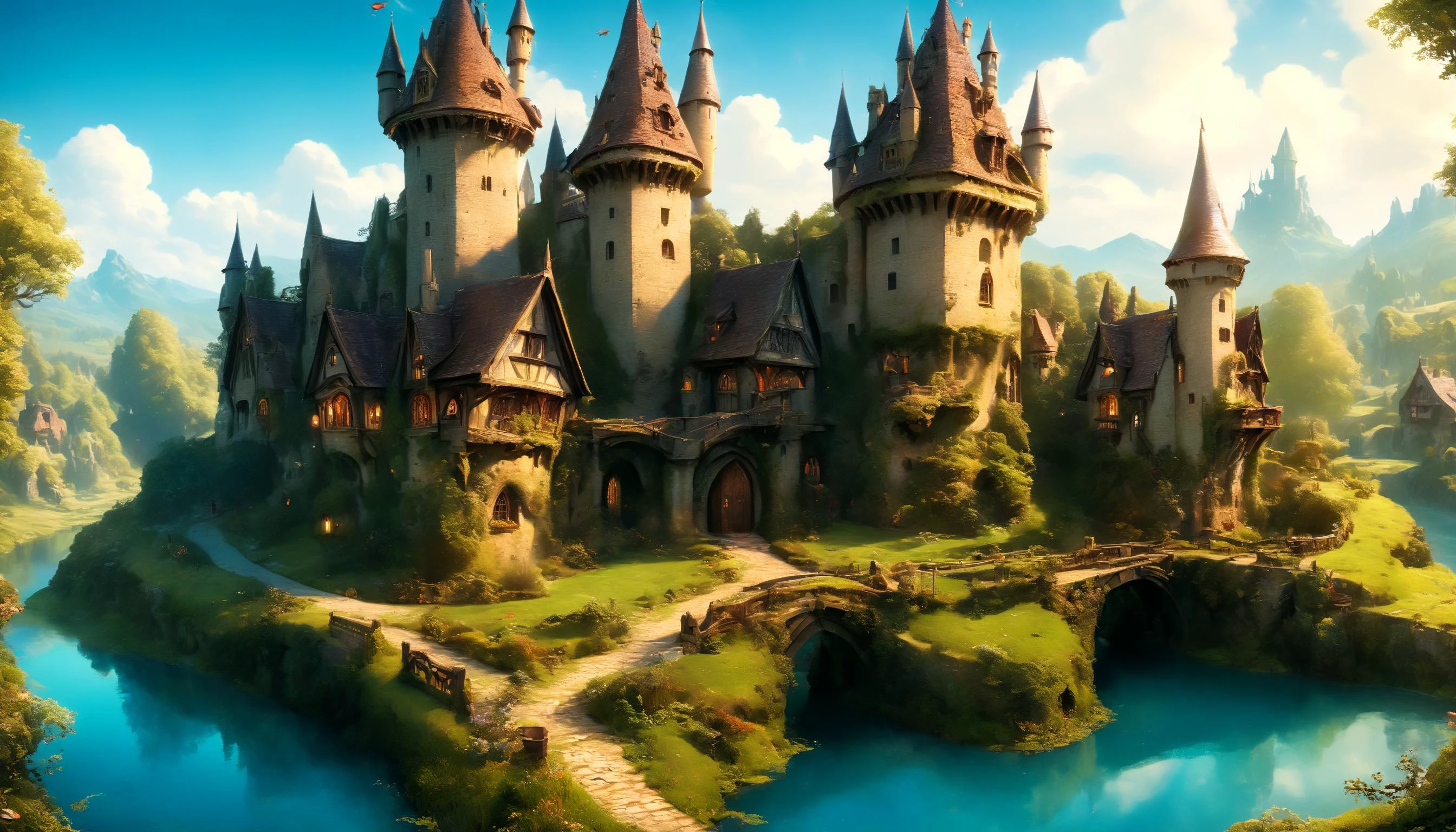 200 year old medieval magical castle, with turrets, outposts, drawbridge, surrounded by canals, otherworldly background, hobbit style, meadow, unrivaled beauty, stylized, intricate, detailed, artistic, text-based, concept art, trending illustration on artstation, 3D cartoon style