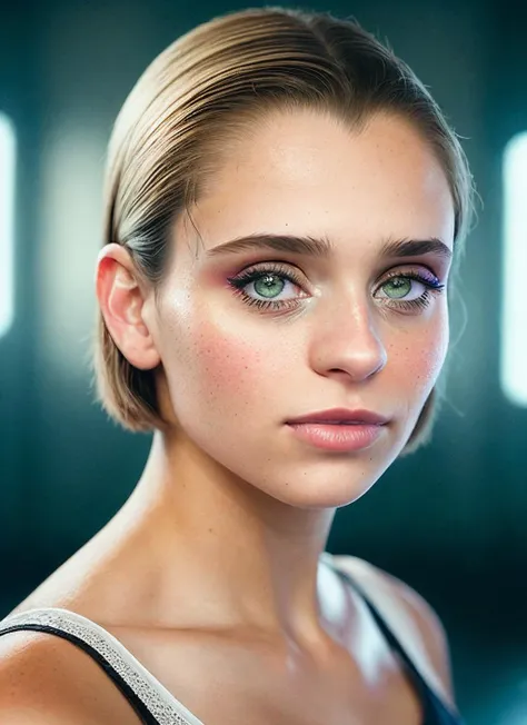 portrait of skswoman, :q , wearing nightwear , with Blunt haircut , background prison , epic (photo, studio lighting, hard light, sony a7, 50 mm, matte skin, pores, colors, hyperdetailed, hyperrealistic), <lyco:Daniel Melchior:1.1>