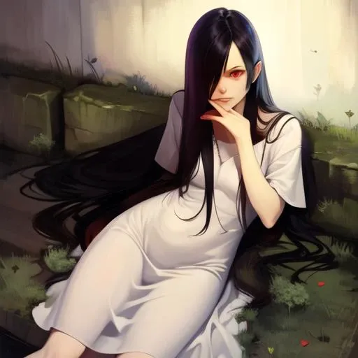 ((masterpiece)),(best quality), absurdres,sadako_yamamura,red eyes, white dress,<lora:Sadakobest:0.8>, <lora:LuisapStunningLuisa_v1:0.7>,
