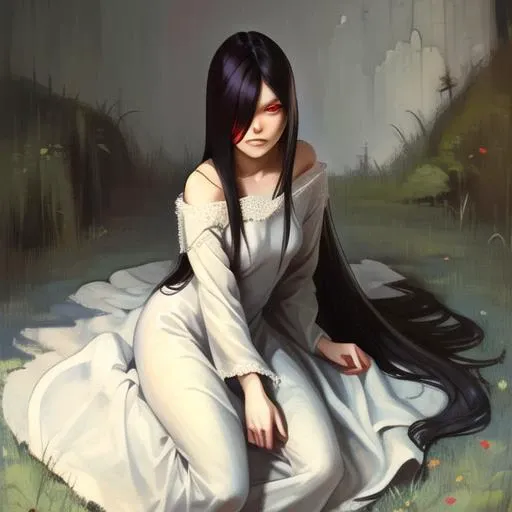 ((masterpiece)),(best quality), absurdres,sadako_yamamura,red eyes, white dress,<lora:Sadakobest:0.8>, <lora:LuisapStunningLuisa_v1:0.7>,