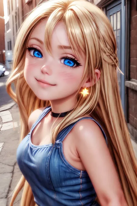 ((highest quality)), ((masterpiece)), (Very detailed), (Very high resolution), 4k, Anime 2D Rendering, Realistic,
One Girl:1.5,
BREAK Symmetrical Face:1.4, Perfect Face, Beautiful clavicle, Beautiful fingers, Beautiful breasts, (Slightly smaller chest),
Beautiful body, Beautiful thighs, Beautiful feet, Perfect round butt, (Detailed skin), Beautiful white skin:1.2, Shiny skin:1.4,
BREAK Baby Face, cute, 18-year-old,
Double eyelids, Natural eyebrows,
(Slanted Eyes), Beautiful and delicate eyes, Sparkling eyes, (Dark blue eyes),
Glossy mouth,
BREAK Beautiful Hair, Shiny Hair, Hair fluttering, (Blonde), Long hair with bangs:1.4,
BREAK
(White T-shirt:1.4、Shiny Blue Overalls:1.2、Shorts、sneakers)、Earrings、
BREAK
(laugh), sunlight, Under the blue sky, Turn your face and body towards me