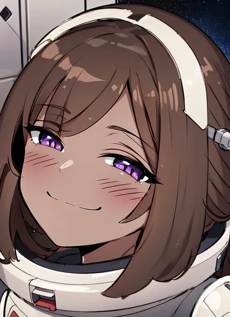 ((best quality)), ((highly detailed)), masterpiece, absurdres, (detailed eyes, deep eyes), (1girl), <lora:smug face meme:.8>, smug_face_meme, ((dark skin, dark-skinned female, ebony)):1.2, dark brown hair, (very curly hair), long hair, purple eyes, (indoors, on a space station, space, stars)