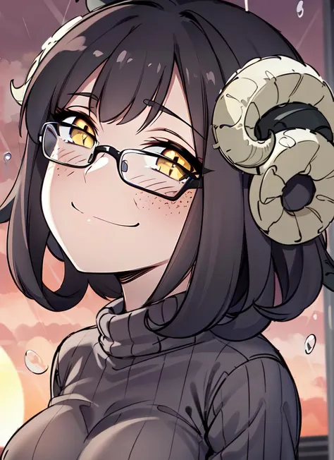 ((best quality)), ((highly detailed)), absurdres, extremely detailed face, beautiful face, (detailed eyes, deep eyes), (1girl), (glasses), dynamic angle, <lora:smug face meme:.7>, smug_face_meme, ((sheep girl)), ((ram horns)), , ((black hair:1.3)), short hair, (((curly hair))), yellow eyes,ð, (freckles), sheep wool, wooly, fluffy, large breasts, (black sweater, sweater dress), long sleeves, (outdoors, in a train station, sunset, raining)