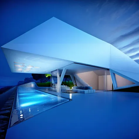 Hornung, suggesting it could be in a location with a Mediterranean or tropical climate., The image depicts a modern house during dusk. The architecture is unique, adding to the luxurious feel of the setting. The structure appears to be a part of a larger complex