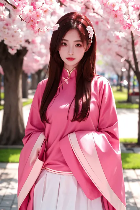 <lora:Taiwan:1>,Meimei,pink hair flower,chinese clothes,pink shirt,white skirt,sleeves past wrists,outside,cherry blossoms,, (masterpiece, best quality, high quality, highres, ultra-detailed),