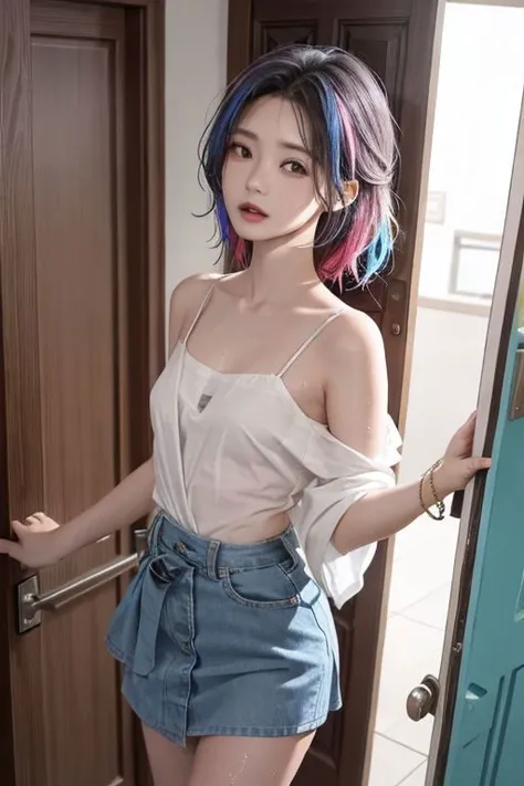 1girl, ((opening door)), small breasts, open mouth, messy hair, multicolored hair, doorway, looking at viewer, black eyes, caught undressed at door, collarbone, ((wet skin)), shiny skin, miniskirt lift:1.2, visible vagina, no panty, perfect detailed face, perfect detailed eyes,((best quality, masterpiece)), perfect detailed legs, slender figure , high angle shot:1.3