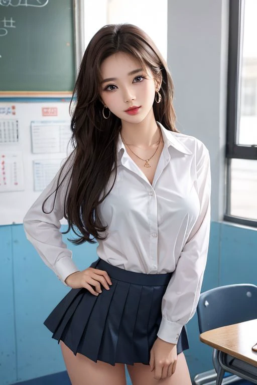 1 beautiful girl in classroom, ((uniforms, miniskirt)), hair over shoulder, medium breast, perfect detailed face, perfect detailed eyes, seductive eyes, wet skin:0.44, perfect light, light makeup,lipstick , earrings, necklace,below view, random hair style, slightly leaning forward
