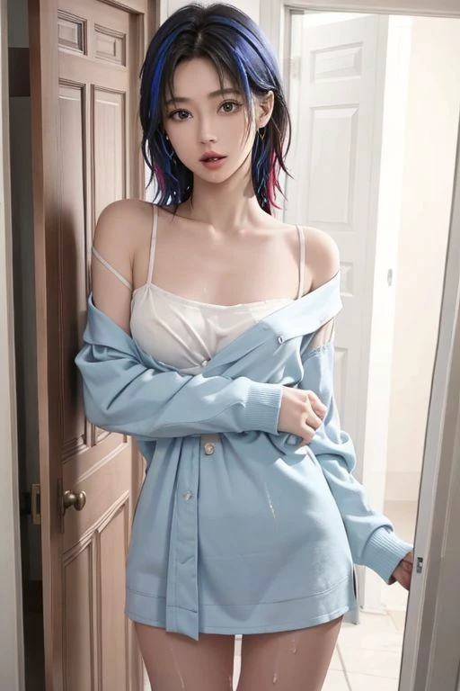 1girl, ((opening door)), small breasts, open mouth, messy hair, multicolored hair, doorway, looking at viewer, black eyes, caught undressed at door, collarbone, ((wet skin)), shiny skin, miniskirt lift:1.2, visible vagina, no panty, perfect detailed face, perfect detailed eyes,((best quality, masterpiece)), perfect detailed legs, slender figure , high angle shot:1.3