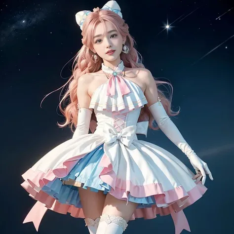 (Best quality, 8k, 32k, Masterpiece, UHD:1.2),Photo of beautyfull woman, 1girl, smile,parted lips<lora:locon_cure_prism_02:1> cure prism, pink hair, long hair, side braid, white ascot, white boots, elbow gloves, hair ribbon, earrings, layered skirt, heart ahoge, sleeveless