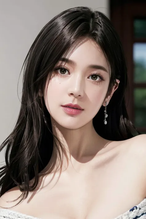 best quality, perfect face, intricate, beautiful scenery, ultra realistic 8k CG,perfect artwork, 1lady, sayuri, solo, large breasts, beautiful skin, beautiful face, knit sweater, bare shoulder, centered, indoor, midnight, depth of field, looking at viewer, (face up:1.5), <lora:flat:-0.5>, <lora:sayuri:0.7>