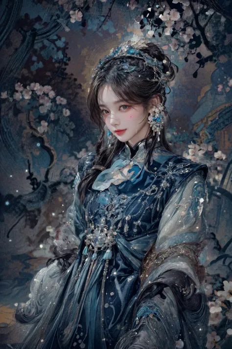 realistic, photorealistic, best quality, masterpiece, ultra high res, finely detailed, quality, realistic lighting, detailed skin, intricate details, raw photo, absurdres, highres, ultra detailed, BREAK, 1girl, solo, looking at viewer, , poster, portrait, close up, key visual, beautifu and aesthetic face, nice hands, (hand of Guido Daniele:1.5), detailed background, detailed face, (jewelry, earrings, chinese clothes, long hair, hanfu, upper body, long sleeves, cloud, wide sleeves, flower, hair ornament, facial mark:1.5), (Silver hair, near a cherry blossom tree, human anatomy, morning, windy day, nice hands:1.4), (film view, Exaggerated Perspective:1.4), (detailed light, beautiful detailed glow, colored inner hair, clean facial features, an extremely delicate and beautiful, beautiful detailed eyes, stars in the eyes:1.3), (sexy, slim, large breasts, skinny, slim_legs, long legs, narrow waist, model pose:1.1), (smile, blush, Pink lips, Glowing Eyes, perfect face, detailed pupils, Makeup:1.1), (eye focus, face focus, character focus, close-up face:1.3), (dynamic pose, dynamic angle, dutch angle, cowboy shot:1.4), (reflection, refraction, Rembrandt lighting, diffuse lighting, radiosity, photon mapping, subsurface scattering, atmospheric lighting, dynamic lighting, Multi-exposure HDR capture, Screen Space Global Illumination, Ray Tracing, Lumen Reflections, Tone Mapping, volumetric lighting, Circular polarizer, broad lighting, dramatic lighting, moody lighting:1.3), (explosive light and shadow, lens flare, light particle, lens glare, light particles, Luminescent Particles, floating particles, particles:1.2), (depth of field, blurry foreground, sharp focus, perspective, aerial perspective, film grain, film:1.4), (colorful refraction, iridescent colors, Iridescence:1.1), (dark studio, rim lighting, two tone lighting, dimly lit, low key, rim light, dark theme), (watercolor style, soft blending, dreamy washes, delicate textures, brilliant colors, action painting, gestural marks, dynamic brushwork, expressive motion, spontaneous technique, abstract expressionism, energetic compositions, action pose, vibrant glow, dynamic colors, reflective surfaces, girly style, delicate accessories, Overdetailed art, Water color painting, ornaments detailed:1.1), (atmosphere, Cosy, Peaceful, Hopeful:1.1), (Glowing ambiance, enchanting radiance, luminous lighting, ethereal atmosphere, mesmerizing glow, evocative hues, captivating coloration, enchanting aura, melanchonic soft light:1.1), official art, beautiful and aesthetic, beautiful, (zentangle, mandala, tangle, entangle), (ecstasy of flower:1.1), the most beautiful form of chaos, elegant, a brutalist designed, vivid colours, romanticism, atmospheric, warm tone, soft light, (fractal art), BREAK, delicate, Ultrarealistic, drawing, Detailed illustration, extremely detailed CG Unity 8k wallpaper, cinematic, dramatic, PBR Texturing, huge filesize, 8k uhd, octane render, unreal engine 5, BREAK, <lora:epiNoiseoffset_v3:1>, <lora:add_detail:0.65>, <lora:more_details:0.65>, <lora:GoodHands-beta2:1>, <lora:LowRA:0.6>, <lora:meihuagao:1>