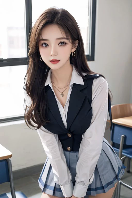 (((Medium hair))), best qualtiy, 8K, hdr, A high resolution, absurderes:1.2, blur backgroun, Background bokeh:1.2, photography of, (RAW photo:1.2), (真实感:1.4), (Masterpiece:1.3), (complexdetails:1.2), 1girll, 独奏, japanaese girl, delicated, Beautiful detailed, (Detailed eyes), (Detailed facial features), Bigboobs, (((Large breasts))), Skin Firm, (Looking_at_peeping at the viewer), From_Front, （being thin），（best qualtiy：1.4），（超A high resolution：1.2），cinematic lighitnglamplight，（Extremely detailed illustration），（Gloss on lips，best qualtiy，超A high resolution，depth of fields，Caustics，Extensive illumination，naturalshadow，85mm， f/1.4, iso 200, 1/160s:0.75),1girll, Solo, (((Silk vest))) Smile, ((silk garment,pleatedskirt,‎Classroom))