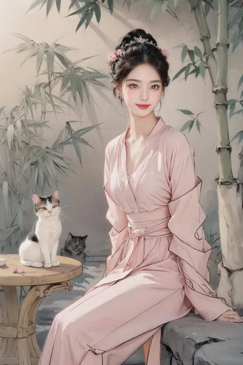 realistic, photorealistic, best quality, masterpiece, ultra high res, finely detailed, quality, realistic lighting, detailed skin, intricate details, raw photo, absurdres, highres, ultra detailed, BREAK, 1girl, solo, looking at viewer, 18 years old, hand of Guido Daniele, (jewelry, black hair, full body, hanfu, white background, sitting on stone, flower, bamboo, (cat:1.3), Exquisite floral, hair ornament, tree, butterfly, hair flower, table, vase, high contrast colours, vibrant colors, smug expression, grin, Dynamic Pose, Dynamic Angle, colorful, long eyelashes, complex background, full-face blush, parted lips, solo focus, blush), (beautifu and aesthetic face, detailed face, clean facial features, an extremely delicate and beautiful, beautiful detailed eyes, stars in the eyes, Pink lips, Glowing Eyes, perfect face, detailed pupils, Makeup:1.1), (nice hands, sexy, slim, large breasts, skinny, narrow waist, human anatomy:1.1), (detailed light, beautiful detailed glow, detailed background:1.1), (reflection, refraction, Rembrandt lighting, diffuse lighting, radiosity, photon mapping, subsurface scattering, dynamic lighting, Multi-exposure HDR capture, Screen Space Global Illumination, Ray Tracing, Lumen Reflections, Tone Mapping, volumetric lighting, Circular polarizer, broad lighting, dramatic lighting:1.1), BREAK, explosive light and shadow, sharp focus, film grain, rim lighting, two tone lighting, rim light, Overdetailed art, official art, beautiful and aesthetic, beautiful, elegant, vivid colours, warm tone, soft light, delicate, Ultrarealistic, Detailed illustration, extremely detailed CG Unity 8k wallpaper, PBR Texturing, huge filesize, 8k uhd, octane render, unreal engine 5, BREAK, <lora:GoodHands-beta2:1>, <lora:baimeitu1.0:1>