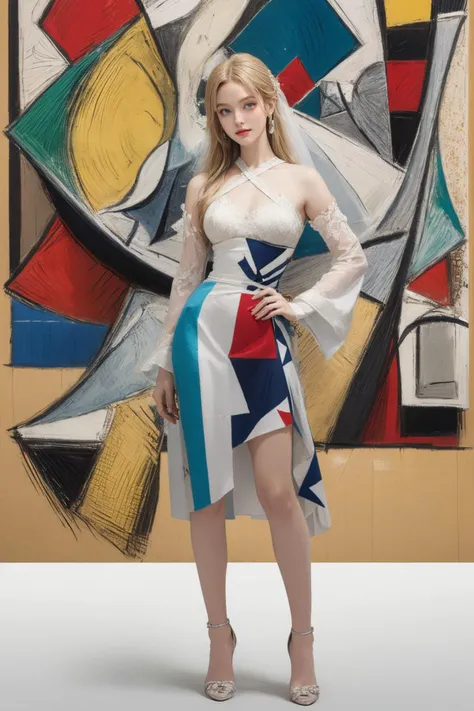 1girl, (full body painted like Cubism style:1.4), (full body painted like Pablo Ruiz Picasso style:1.4), (full body painted in vibrant colors:1.4), (Cubism style, Pablo Ruiz Picasso style, Cubisme, vibrant colors background), BREAK
18 years old girl, cute girl, slender, blonde hair, detailed beautiful face, large detailed ingdgo eyes, gorgeous lips, smiling, glossy white skin, from front, cowboy shot, look at viewer, BREAK
(masterpiece:1.4), (best quality:1.2), RAW, ultra-detailed, 16k wallpaper, finely detailed, official art, subsurface scattering, golden ratio, digital painting, high-quality texture, incredibly detailed, (absurd-res, high-res, ultra detailed), huge file size, beautiful composition, sharp focus, dramatic lighting, cyan Wedding dress, <lora:_20230917222401:0.3>