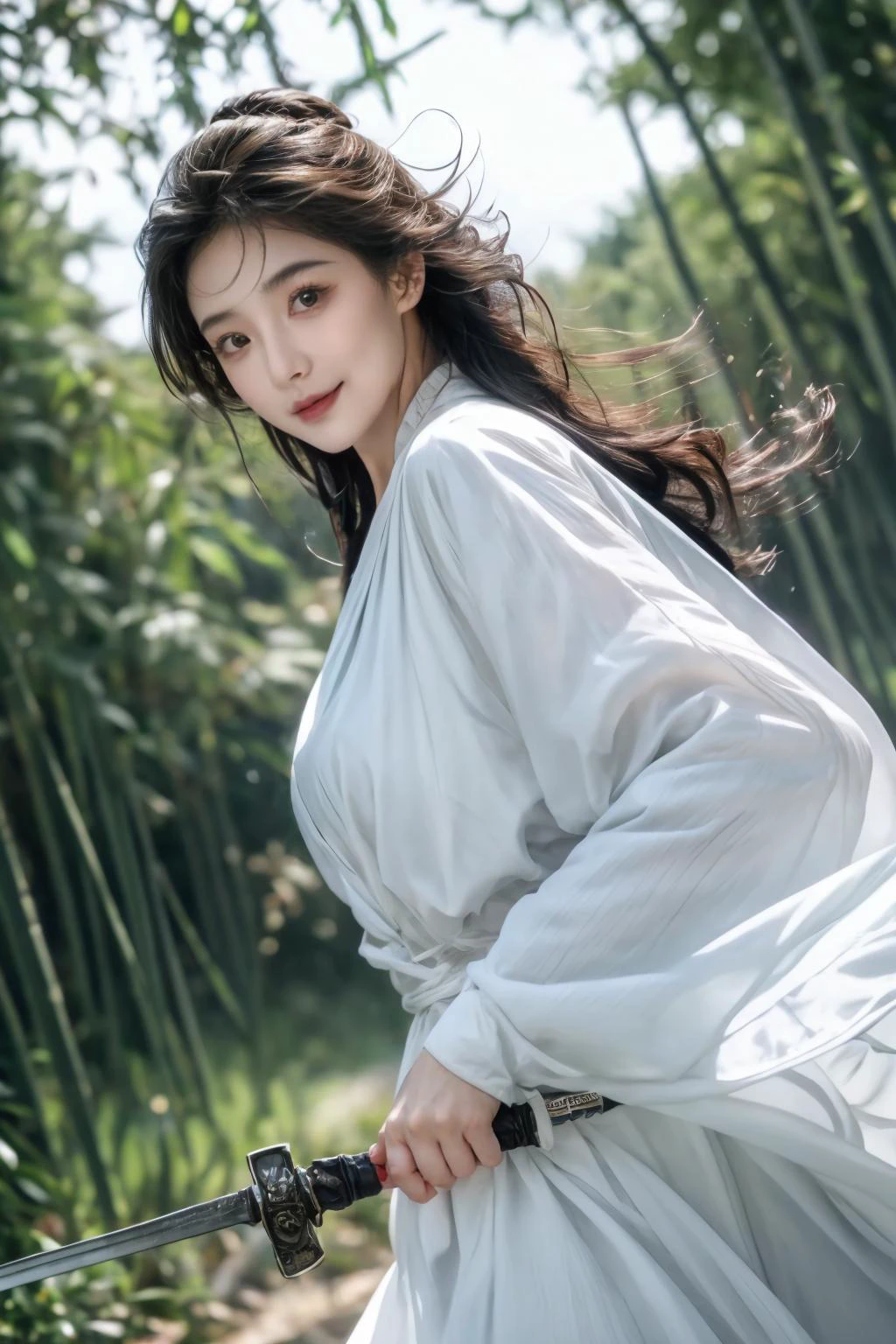 (Highest picture quality), (ultra-detailed), (sharp focus), close-up, (depth of field), RAW, realistic, colorful, vivid colors, (masterpiece), (best quality), photorealistic, absurdres, highres, intricate details, maximum details, delicate, HD, rich details, extremely exquisite, original, official art, beautiful and aesthetic, BREAK, detailed eyes, detailed skin, detailed face, Good anatomy, good structure, Good composition, perfect composition, amazingly realistic render in 4k, golden ratio, hand of Guido Daniele, BREAK, (explosive light and shadow:1.1), extremery detailed cg, (rim lighting:1.1), (two tone lighting:1.1), (Rembrandt lighting:1.1), anime aesthetic, anime coloring, best illustration, BREAK, 1girl, solo, 20 years old, pov, face focus, emotional, symmetrical, (looking at viewer:1.2), stunning innocent symmetry face, ulzzang, blush, (PureErosFace_V1:0.7), cute Ethereal Female, shiny skin, skinny, slender body, narrow waist, huge breasts, petite, smile, happy, parted lips, cute, Makeup, ultra detailed beautiful big brown eyes, shiny eyes, wide-eyed, open mouth, bangs, red lips, (caramel brown long hair:1.1), tgwx, weapon, sword, nature, forest, holding, bamboo forest, holding weapon, bamboo, blurry, holding sword, long sleeves, blurry background, standing, white long upper shan, fighting stance, standing, outdoors, dancing leaves, sunlight filtering, plant, mountain, cloud, (cowboy shot:1.3), (bottom-up angle), (sunrise light), morning glow, clear, ethereal, beautiful, soft smiling, detailed iris, vibrant, film grain, natural skin texture, curvy body, female focus, detailed landscape, atmospheric lighting, vast perspective in the background, vast sky, (drawing with depth:1.1), (Perspective:1.1), lens flare, glare, beautiful sky, far away light, gentle breeze, Dazzling Atmosphere, (dynamic pose), (dynamic action), golden hour, (front view:1.4), glowing, beautiful detailed background, Scenes with extreme detail, over the top beautiful, 8k_wallpaper, extremely detail artwork, BREAK, <lora:add_detail:1>, <lora:epi_noiseoffset2:1>, <lyco:neg4all_bdsqlsz_V3.5:1>, <lyco:GoodHands-beta2:1>, <lora:AiOMG-æ¢¦ä¸­æäººè¸æ¨¡DreamLoverFace_Lora_V1.0:1>,  <lora:ä¸­å½é£æ­¦ä¾ _ä¸­å½é£æ­¦ä¾ :0.6>