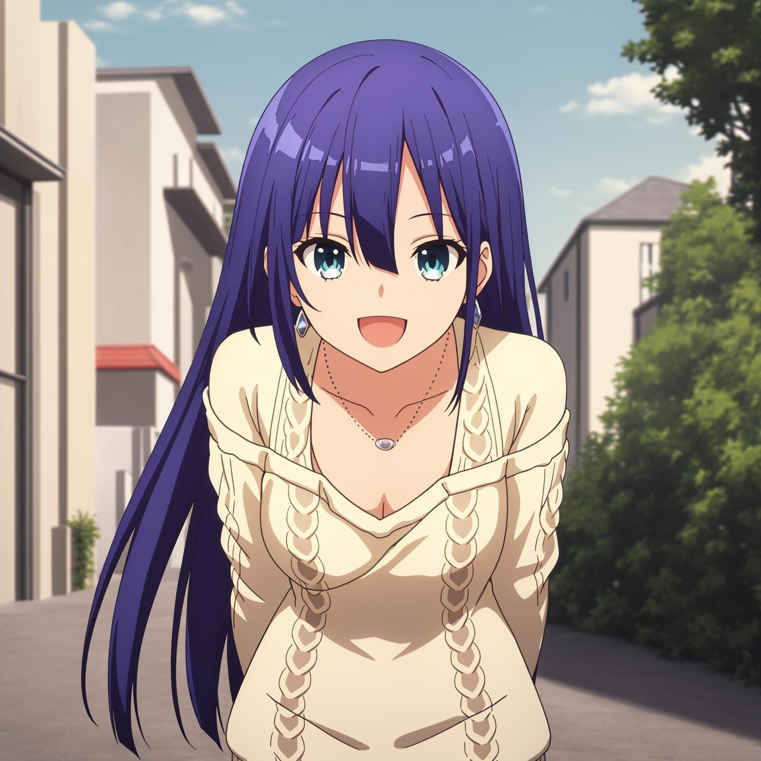 Anime girl with long purple hair and blue eyes standing in a street ...