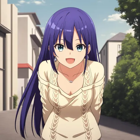 (cowboy shot),Ayano,solo,medium breasts,looking at viewer,happy,:d,(detailed sweater:1.5),off shoulder,bare shoulders,outdoors,cleavage,collarbone,bare legs,arms behind back,leaning forward,park,