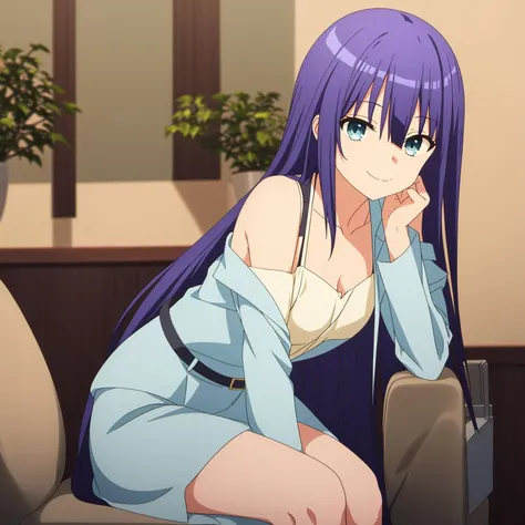 (cowboy shot),Ayano,solo,medium breasts,looking at viewer,happy,off shoulder,bare shoulders,indoors,sitting,on chair,cleavage,collarbone,bare legs,leaning forward,