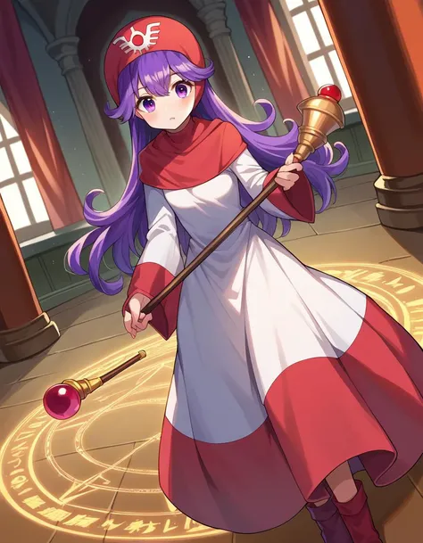 score_9, score_8_up, score_7_up, source_anime,
princessofmoonbrook, <lora:princess-of-moon-brook-ponyxl-lora-nochekaiser:1>,
princess of moonbrook, purple eyes, purple hair, long hair,
boots, bridal gauntlets, dress, hood, hood up, long sleeves, red footwear, white dress, wide sleeves,
indoors, throne room, staff, holding staff, magic, magic circle,
looking at viewer, dutch angle, cowboy shot,