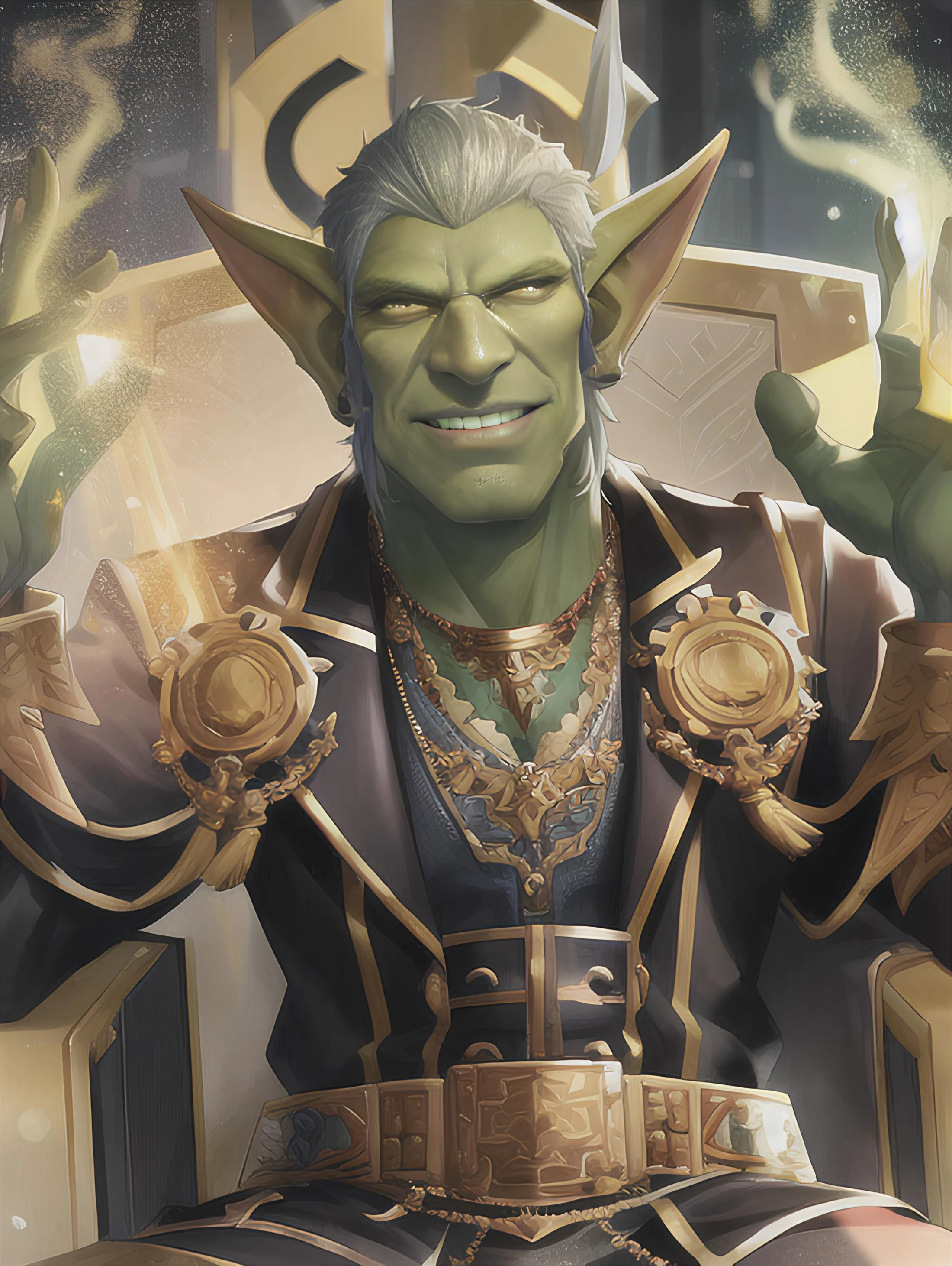 hewowgob, 1boy, golden throne, smug face, green skin, surrounded by gold coins, jewelry, volumetric lighting, best quality, masterpiece, intricate details, realistic, leather jacket, <lora:sxzGoblinsWarcraft_sxzGoblin:0.8>