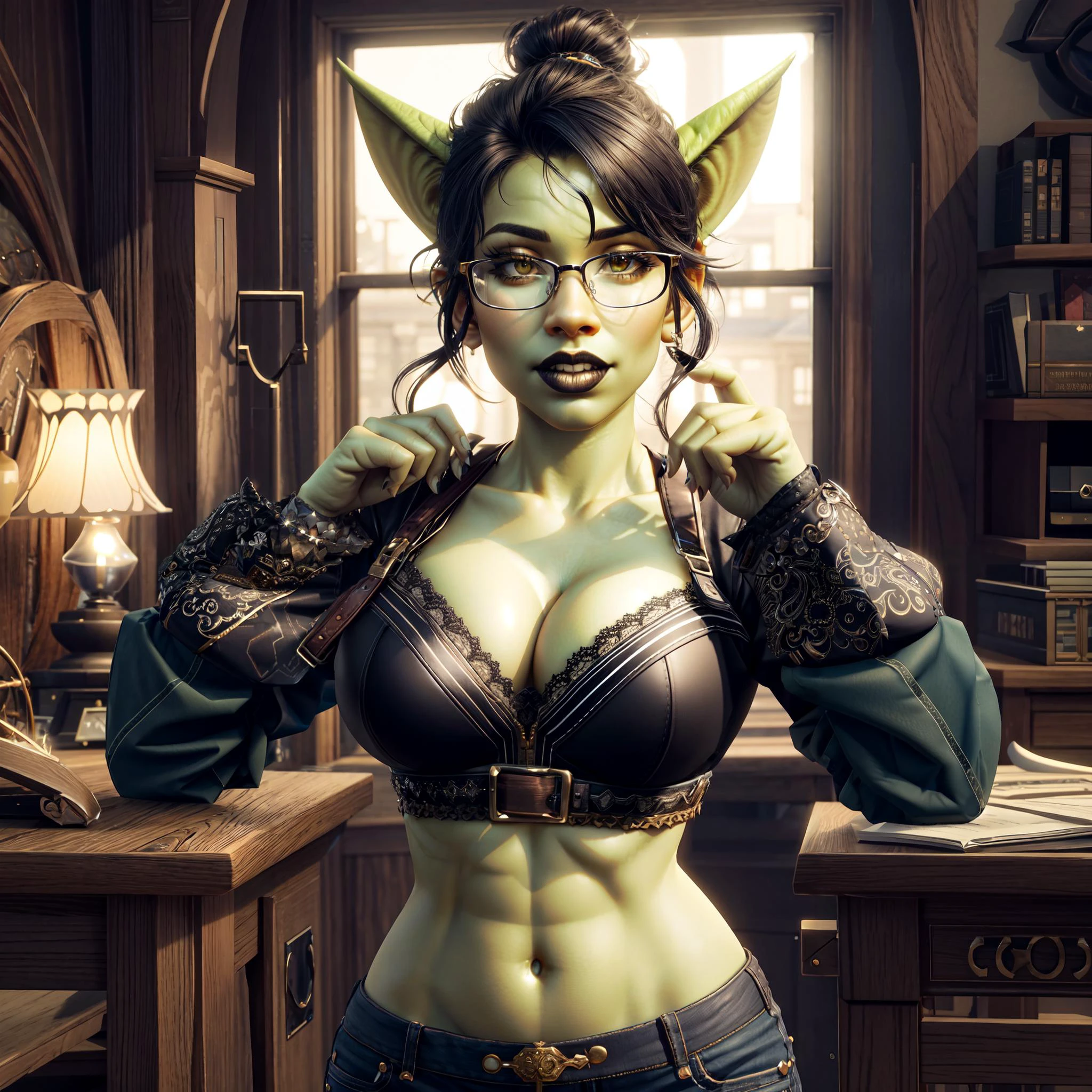 masterpiece, 8K, UHD, HDR, perfect lighting, cartoon realism, 1girl, solo, ornate, hyper-detailed, hyper-feminine, beautiful hands, Gobboslut, <lora:sxz-goblins-v2:1>, shewowgob, green skin, open leather midriff jacket, engineer, black lipstick, medium voluminous hair, glasses, spiked choker, <lora:add_detail:0.5>, smug, pronounced large breasts, low-rise pants