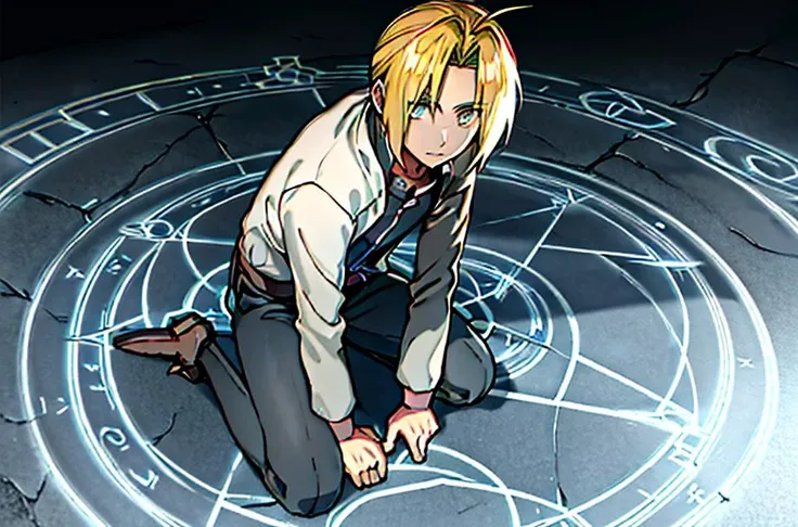 1boy kneel outside of a  big glowing transmutation circle on ground ,<lora:EdwardElricV3:0.9>, edward elric, <lora:TransmutationCircle:0.44>,  masterpiece, best quality, detailed