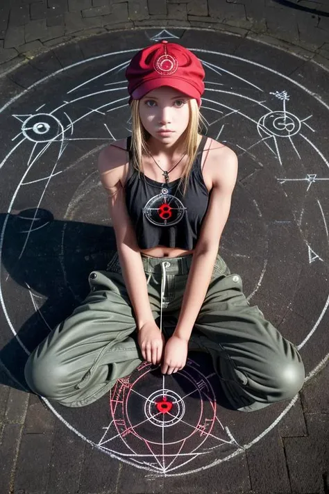 a girl is sitting, a big (transmutation circle) on ground, 1girl, baggy_pants, bandeau, blonde_hair, red hat, (solo), ultra detailed face, camera photo,best quality, <lora:TransmutationCircle:0.5>, from above, upper body