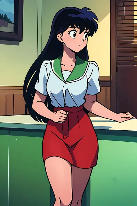 Shego, 1girl, bare arms, bare shoulders, breasts, topless, green eyes, highres, indoors, long hair, midriff, too high up miniskirt, navel, nip slip, ((topless, exposed breasts, nipples, pussy:1.2)wardrobe malfunction, black hair,, ,too short pleated mini skirt, massive breasts, solo, slutty,pussy, nudity, slutty , large breasts, gigantic breasts, sagging breasts, blank background, necktie between breasts