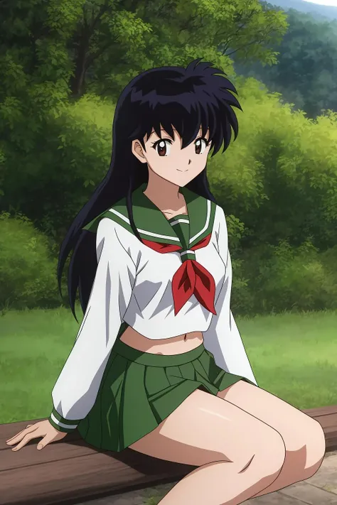 kagome, 1girl, solo, long_hair, looking_at_viewer, smile, bangs, black_hair, long_sleeves, navel, brown_eyes, sitting, school_uniform, thighs, pleated_skirt, outdoors , day, miniskirt, sailor_collar, tree, neckerchief, grass, green_skirt, nature, red_neckerchief, green_sailor_collar