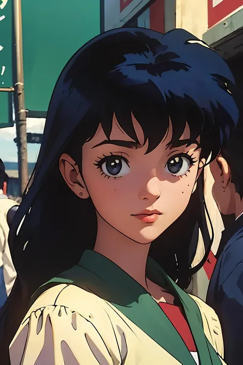 Anime girl with long black hair and blue eyes standing in front of a ...
