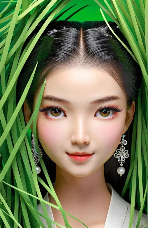 Paper mache representation of A close-up grass portrait photograph of a beautiful young ancient Chinese female student, with perfect face and hair, focused on her bright, wearing Chinese-style jewelry., engaging smile, full of grass colors, crisp and clean lines, trending on fashion and beauty websites, sharp focus, Chinese style books, <lora:SDXL_Glass_Sa_May:1> . 3D, sculptural, textured, handmade, vibrant, fun