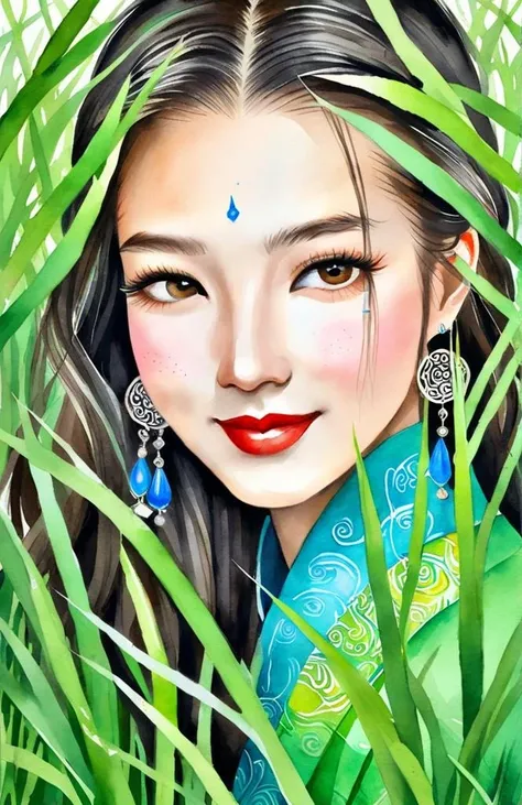 Watercolor painting A close-up grass portrait photograph of a beautiful young ancient Chinese female student, with perfect face and hair, focused on her bright, wearing Chinese-style jewelry., engaging smile, full of grass colors, crisp and clean lines, trending on fashion and beauty websites, sharp focus, Chinese style books, <lora:SDXL_Glass_Sa_May:1> . Vibrant, beautiful, painterly, detailed, textural, artistic