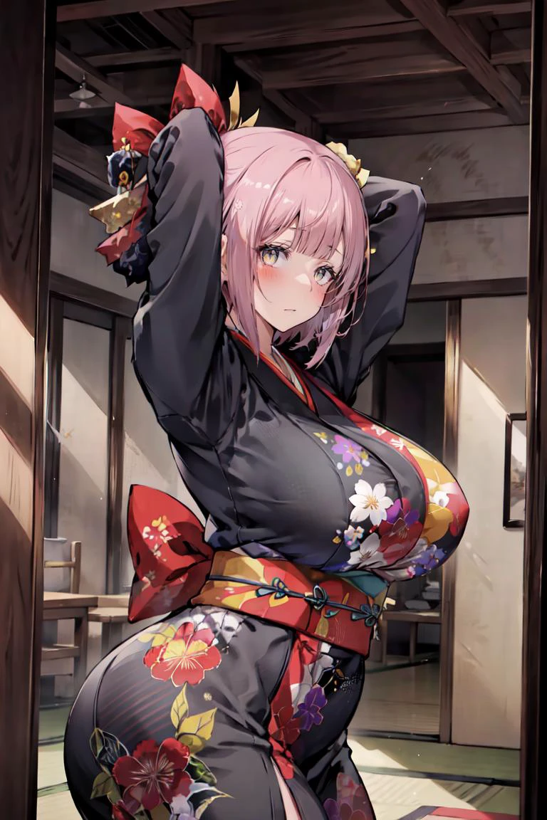 (masterpiece, best quality), 1girl, solo, looking at viewer,
<lora:Ratetaso-v1:0.95>, thick thighs,
upper body,
from side,
expressionless, closed mouth, blush,
light purple hair, short hair, asymmetrical bangs, Pompadour with Hard Part,
dark green eyes, tareme,
large breasts,
kimono, japanese clothing, sash, colorful clothing, floral print, frills, <lora:colorful_dress:0.5>, colorful_dress,
rabbit pose, arms up,
indoors,