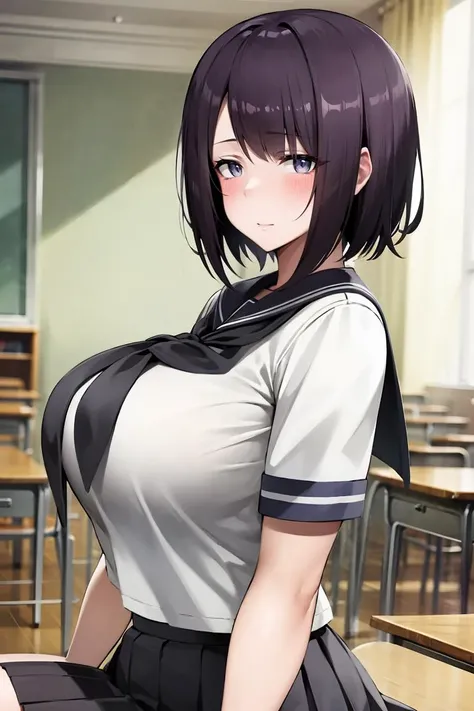 (masterpiece, best quality), 1girl, solo, looking at viewer,
<lora:Ratetaso-v1:0.95>, thick thighs,
upper body, portrait, 
from side,
blush, closed mouth,
dark purple hair, very short hair, swept bangs, Spiky Top with Tapered Sides, 
dark blue eyes, empty eyes,
large breasts,
school uniform, neckerchief, sailor necktie, sailor uniform, skirt, pleated skirt, white uniform, short sleeves,
sitting with legs spread apart, appearing relaxed and confident,
indoors,