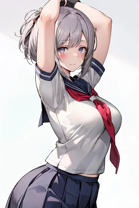 (masterpiece, best quality), 1girl, solo, looking at viewer,
<lora:Ratetaso-v1:0.95>, thick thighs,
upper body, 
from side,
smile, closed mouth, blush,
gray hair, big hair, bangs, Textured Bob, 
lavender eyes, ,,
medium breasts,
school uniform, neckerchief, sailor necktie, sailor uniform, skirt, pleated skirt, white uniform, short sleeves,
rabbit pose, arms up,
day,