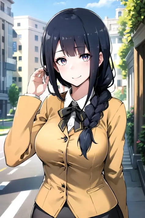 (masterpiece, best quality), 1girl, solo, looking at viewer,
<lora:Ratetaso-v1:0.95>, thick thighs,
upper body, extreme close up,
straight-on,
smile, closed mouth,
dark blue hair, medium hair, crossed bangs, sidelocks, Dutch Braid Ponytail with Flower Accents,
beige eyes, ,,
large breasts,
business suit, office lady, suit jacket, pencil skirt, mini skirt, blouse, frills, ribbed shirt, collared shirt, long sleeves,
adjusting hair, hand up,
day, outdoors,