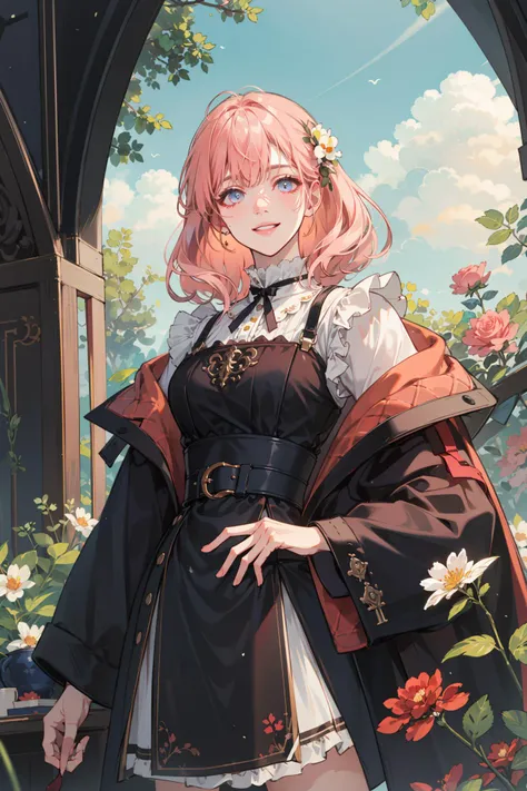 (absurdres, highres, ultra detailed, masterpiece, best quality), cowboy shot, dutch angle, finely detailed eyes and detailed face, intricate details, complex background, cinematic lighting, 1girl, solo, straight hair, pink hair, amber eyes, smile
Spring day, flower garden, peaceful, cozy, comfortable, gardener, antique mansion, flowering tree, grass, rose arch, bush, flower basket, wind, cloudy sky