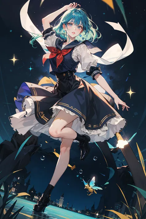 (absurdres, highres, ultra detailed, masterpiece, best quality), full body, dutch angle, finely detailed eyes and detailed face, intricate details, complex background, cinematic lighting, 1girl, solo, lob hair, lime hair, grey eyes
Sailor uniform, starry night sky, flying, dancing, aerial walks, shining shadows, fantastic, dreamy, bokeh, colorful bubbles, glass fragment, water drops, glitter, sparkle, twinkle, prism