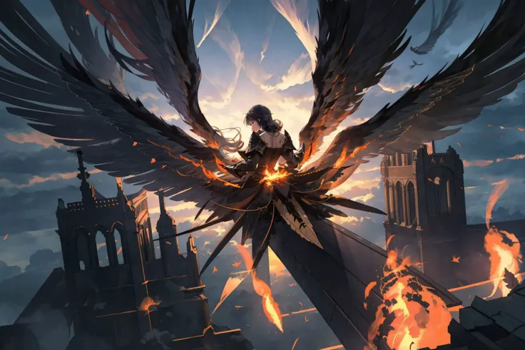 (extremely detailed CG unity 8k wallpaper,masterpiece, best quality, ultra-detailed:1.2),best illumination, 
dark angel,(flying in the sky:1.5),(outside:1.3),floating,1gril,solo,Heavy armor,long hair,black wings, from behind, from above, super wide shot,full body,(wings on fire:1.4),BREAK,(church ruins),church on fire,Hellfire,
 <lora:DarkAngelPlus:1.5>