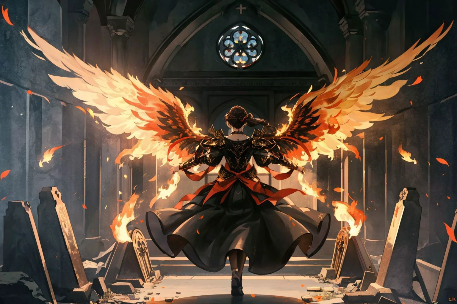 (extremely detailed CG unity 8k wallpaper,masterpiece, best quality, ultra-detailed:1.2),best illumination, (best shadow, an extremely delicate and beautiful, bloom),
dark angel,(flying in the sky:1.),outside,(church ruins),church on fire,from behind, from above, super wide shot,
1gril,solo,Heavy armor,long hair,black wings,red jewelry,Film filter, Hellfire,full body,wings on fire,
<lora:DarkAngelPlus:1.5>