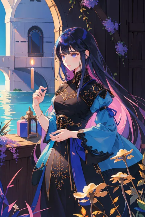 1girl, awardwinning Digital artwork, highly detailed, landscape of a Feminine [Elastic|Business] ([The Mediterranean Sea|Abu Dhabi]:1.3) from inside of a Grain silo, lush flowers with Fungus, at Blue hour, ultrafine detailed, Depressing, intricate background, Abstract Illusionism, Candle light, F/8, deep purple color grading, moody, Liminal dream, Pixabay, RTX
